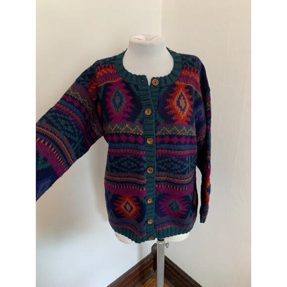 Y2K VTG Nomadic Traders Cardigan Sweater Geometric Aztec Knit Boho Wool Peru - Picture 11 of 15
